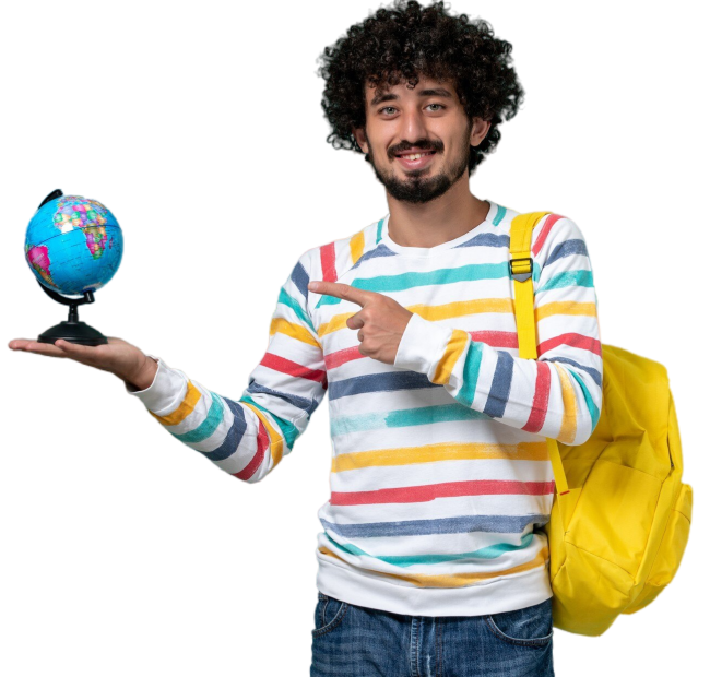 front-view-male-student-striped-shirt-wearing-yellow-backpack-holding-round-little-globe-blue-wall